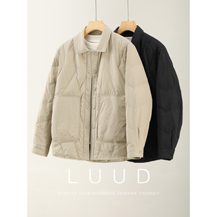 轻盈鸭绒防风翻领羽绒服 风小绣标口袋保暖外套男士 LUUD 日系工装