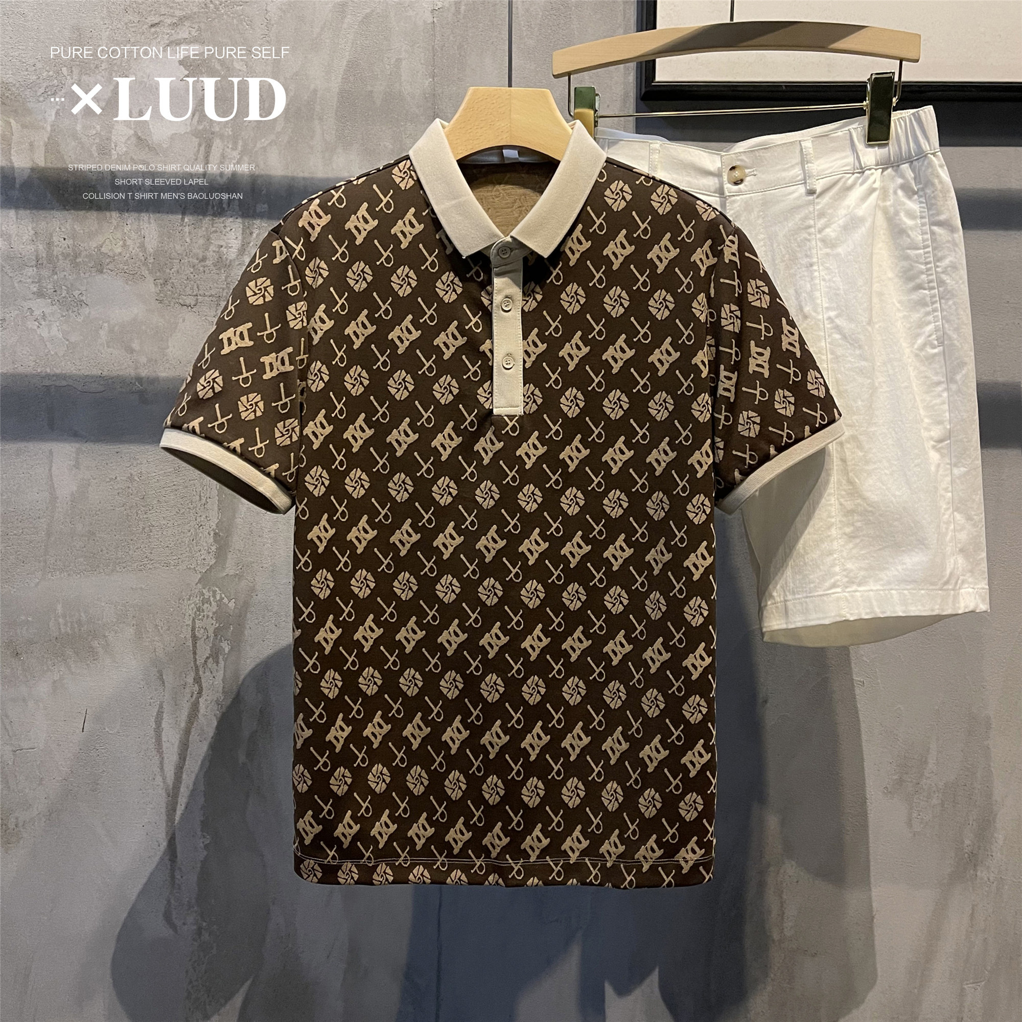 LUUD MENS OLD MONEY STYLE RETRO PATTERN ALL-OVER PAUL SHIRT BRITISH TEMPERAMENT SHORT SLEEVE LAPEL POLO TOP SUMMER
