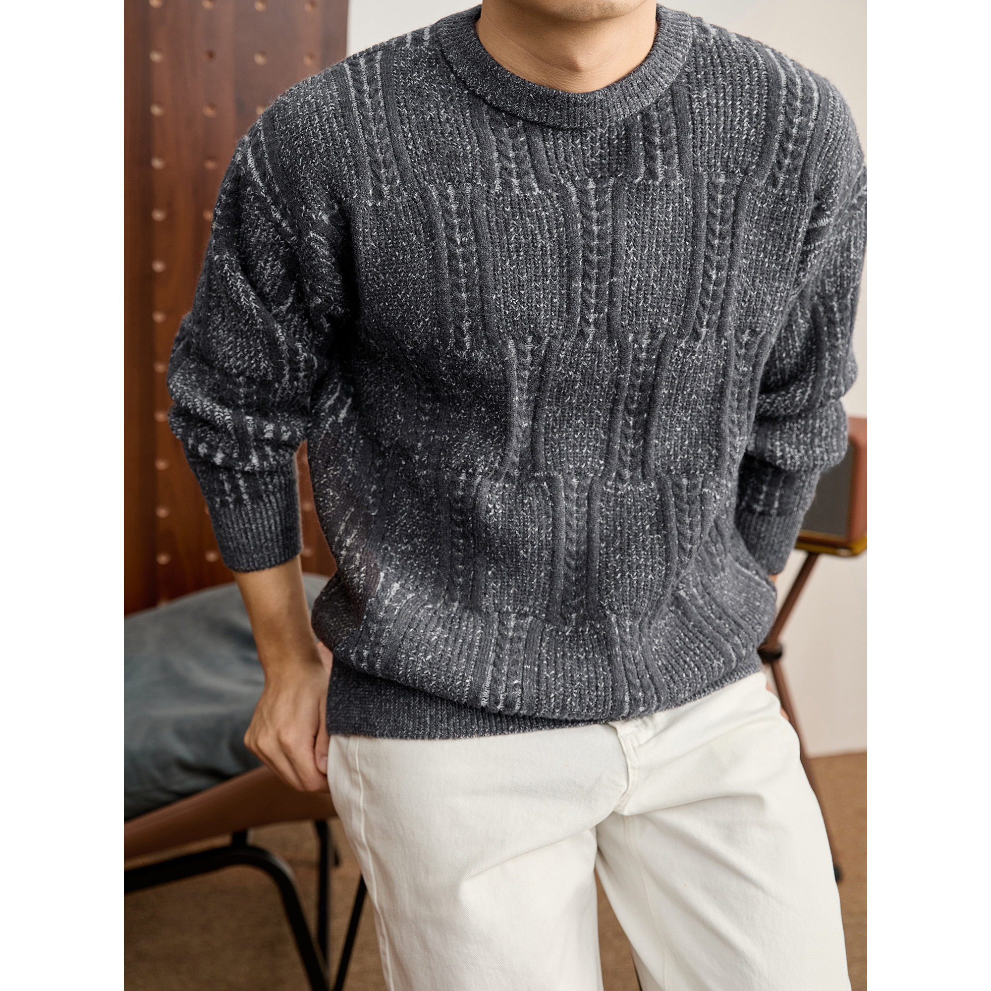 LUUD 高克重690g加厚保暖混色提花针织衫男冬季麦穗纹肌理感毛衣,男装,针织衫/毛衣,淘宝优惠券,粉丝福利购,淘宝优惠卷