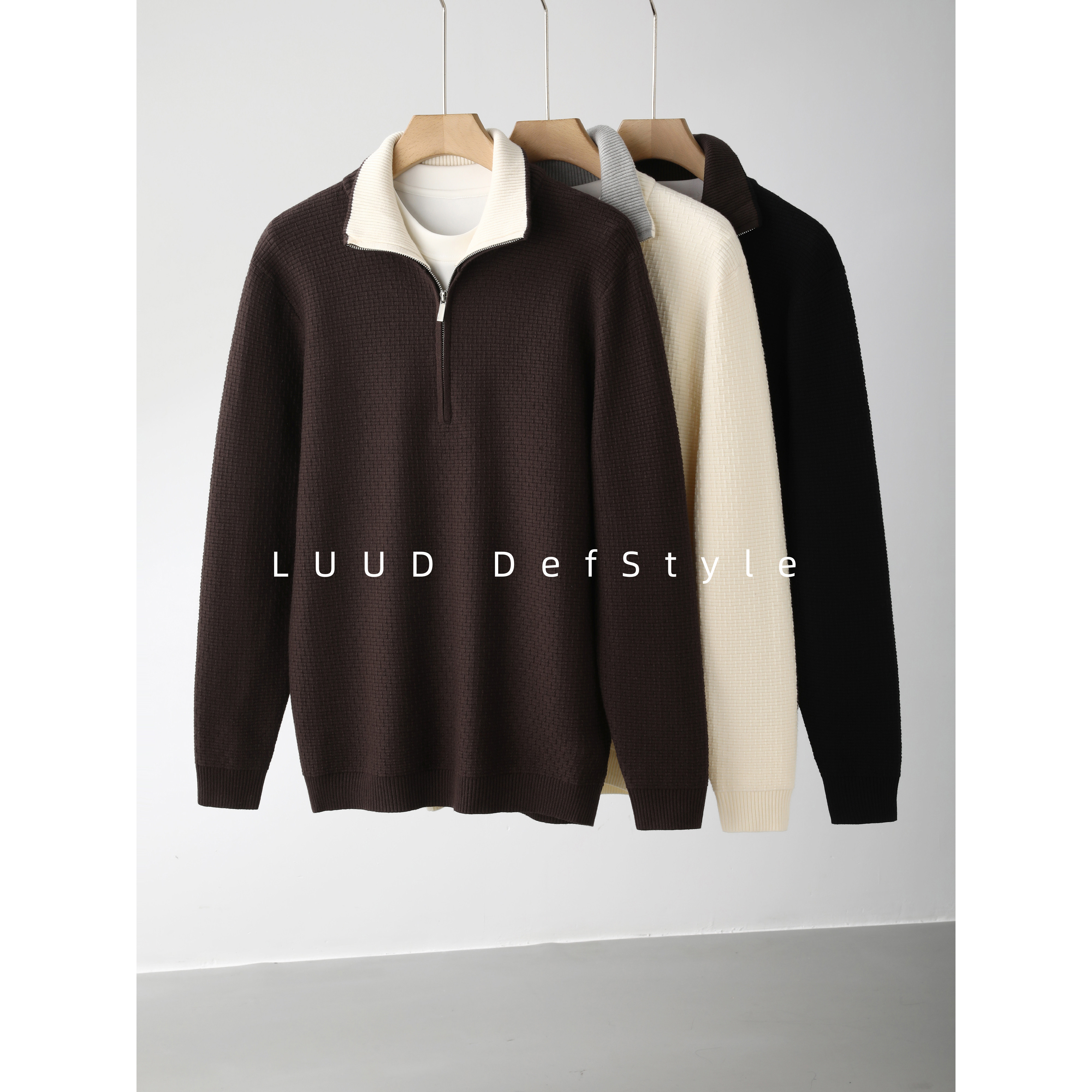 LUUD 老钱风错位格肌理保暖长袖毛衣半拉链撞色可立翻领针织衫男