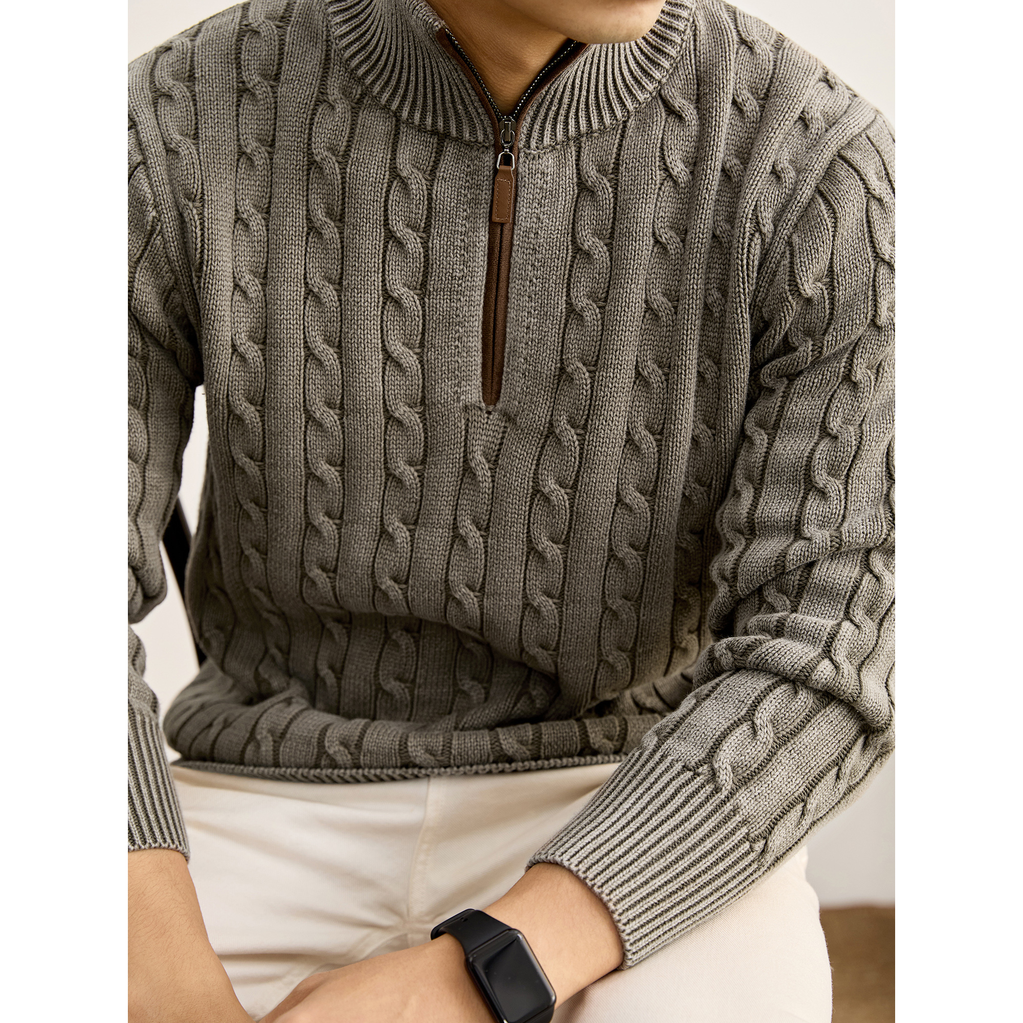 LUUD 抗起球渐染水磨绞花针织衫男冬重磅100%纯棉半拉链立领毛衣