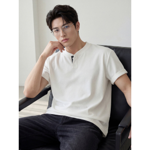 时尚 T恤夏季 百搭款 老钱风男士 LUUD 上衣体恤衫 拼色领口亨利领短袖