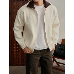 毛衣外套 坑条肌理拉链男装 LUUD 休闲复古巴恩风撞色翻领针织开衫