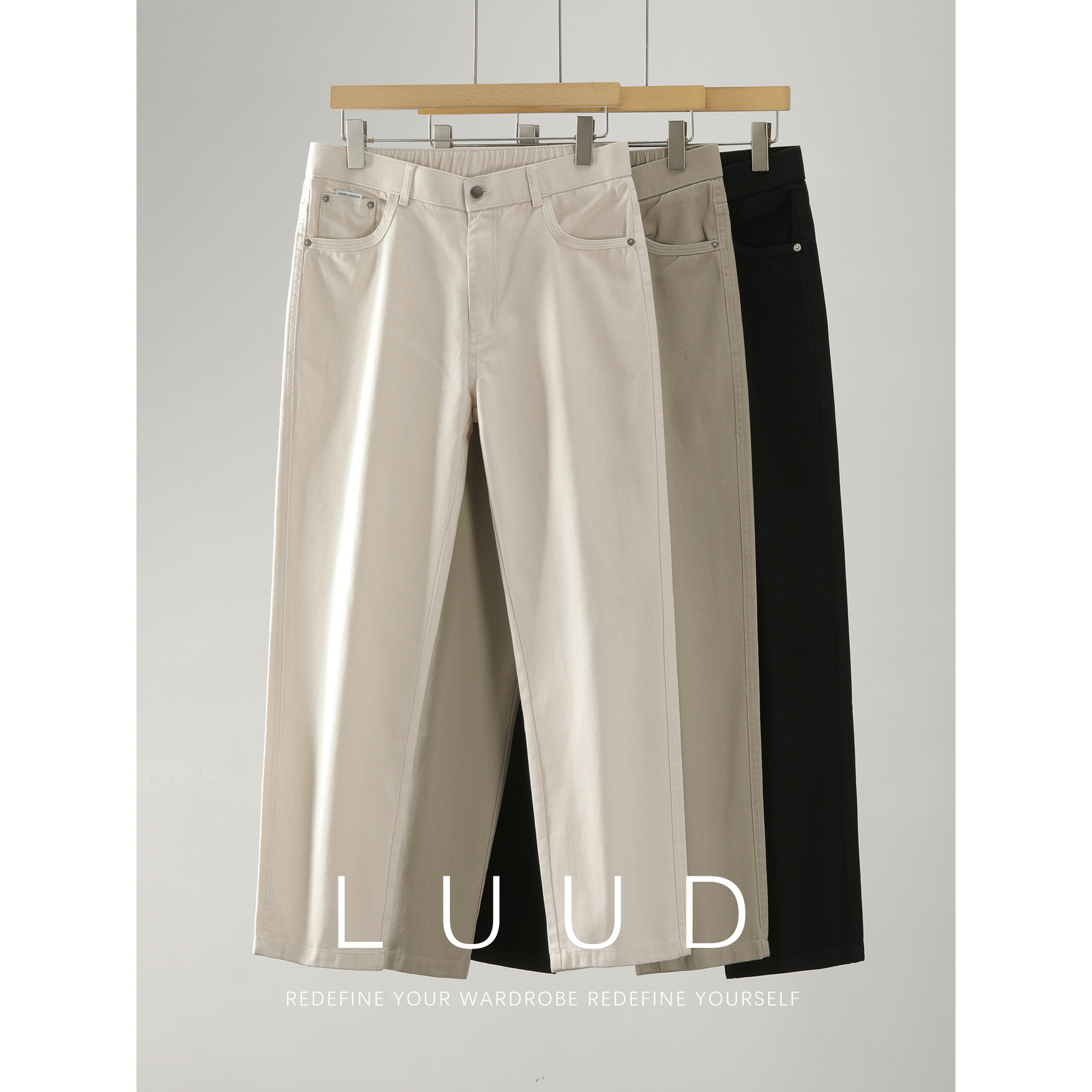 LUUD 净色韩版男士牛仔裤100%纯棉舒适休闲直筒版型半松紧腰长裤