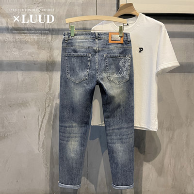 LUUD潮牌印花修身小脚牛仔裤