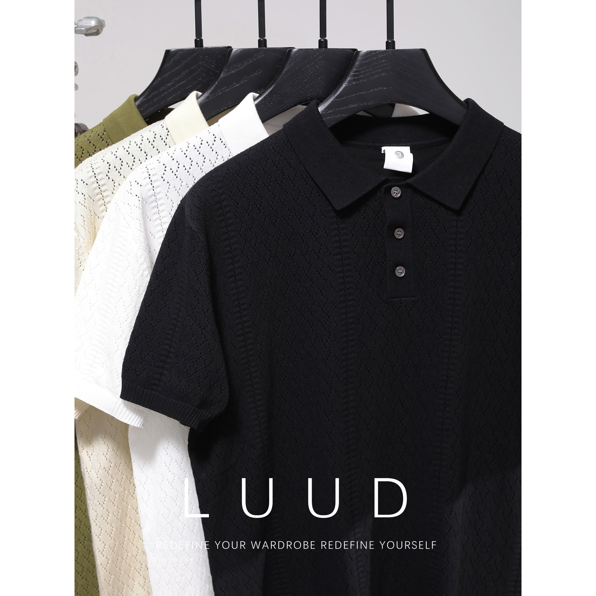 LUUD 松弛感纯色翻领Polo衫男士透气冰凉纱镂空提花薄款针织短袖