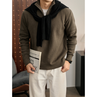 LUUD 复古老钱咖啡色波浪肌理毛线衣男秋冬保暖拉链半高领针织衫