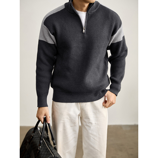 套头毛衣 男轻熟痞帅撞色插肩袖 LUUD 高克重820g半拉链立领针织衫