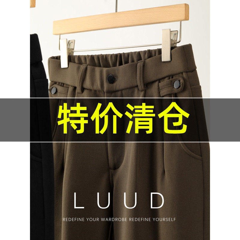 特价 立体裁剪裤口双褶纽扣装饰毛呢长裤男冬季内里磨毛直筒西裤