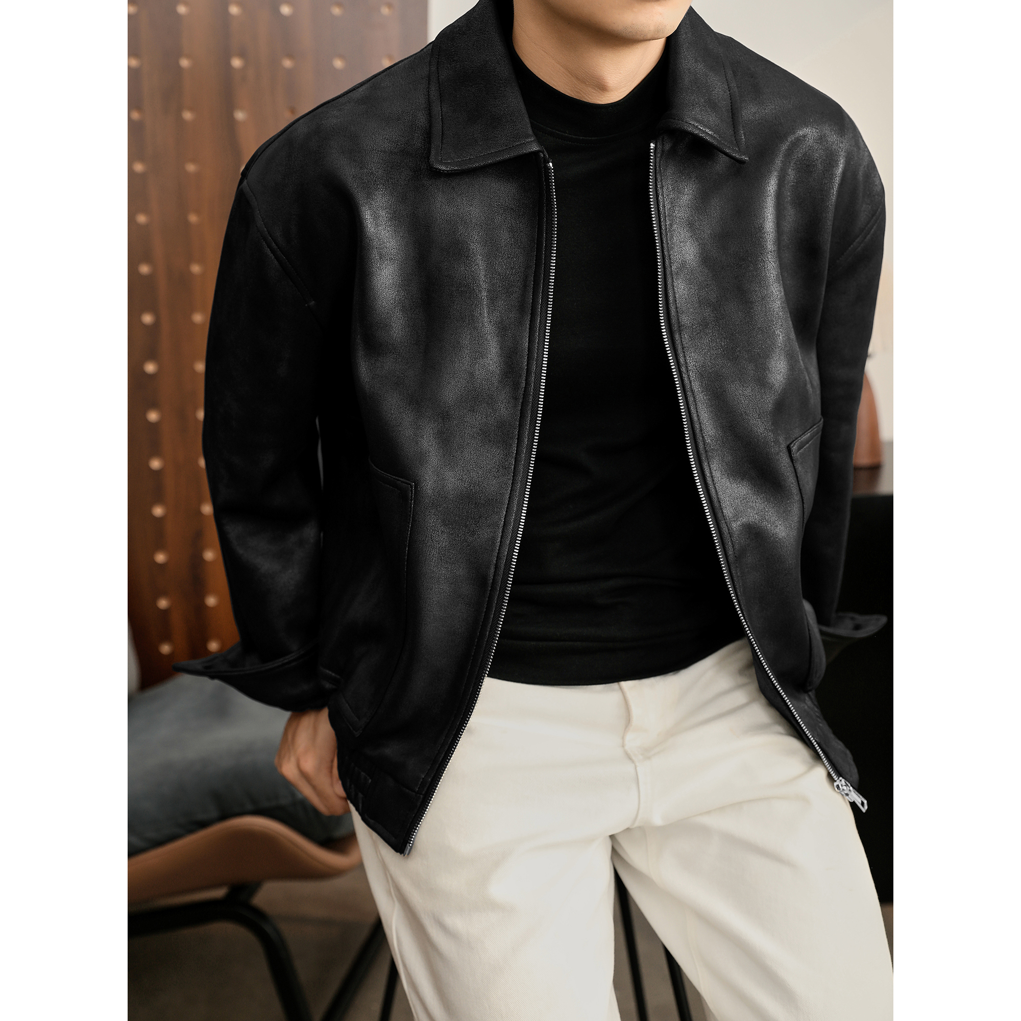 LUUD 简约高级感皮衣哈灵顿麂皮绒夹克做旧晕染肌理保暖短外套男