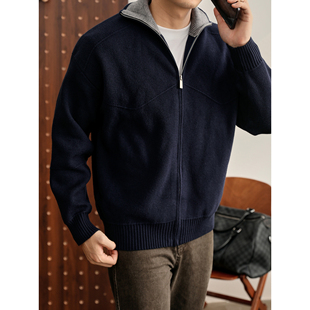 保暖坑条肌理拉链毛衣外套 男秋冬季 LUUD 高级感撞色翻领针织开衫