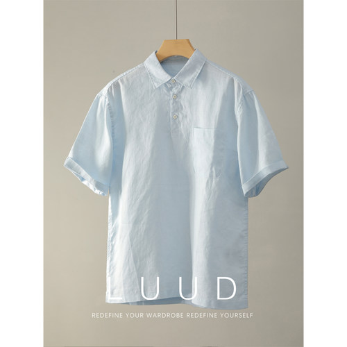 LUUD 100%纯亚麻短袖衬衫POLO衫男士老钱风清冷绅士开叉下摆上衣
