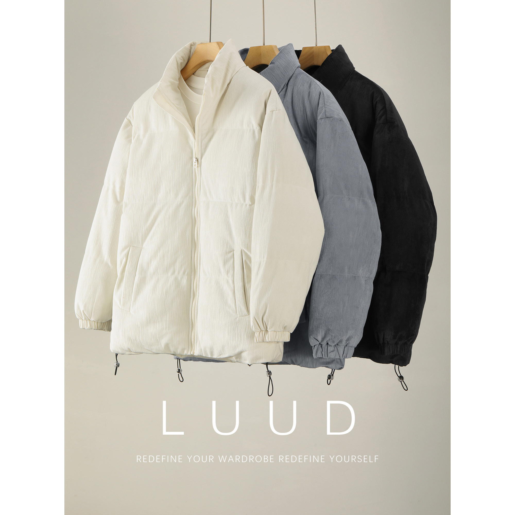 LUUD 潮流百搭超保暖立领棉服外套男女款冬季竖条绒肌理感面包服