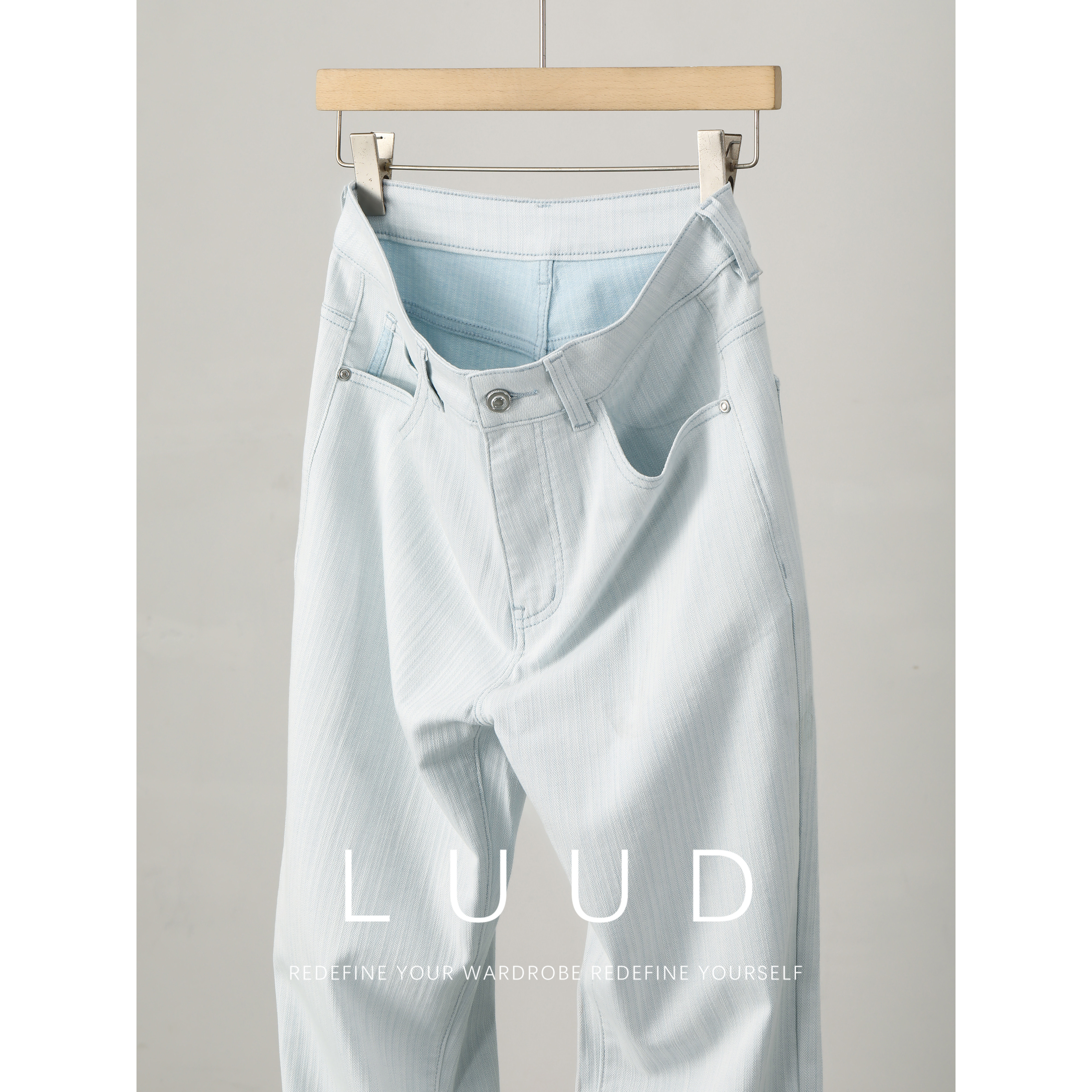 LUUD 天丝莱赛尔混纺鱼骨纹肌理感牛仔裤男夏水洗棉纯色直筒长裤