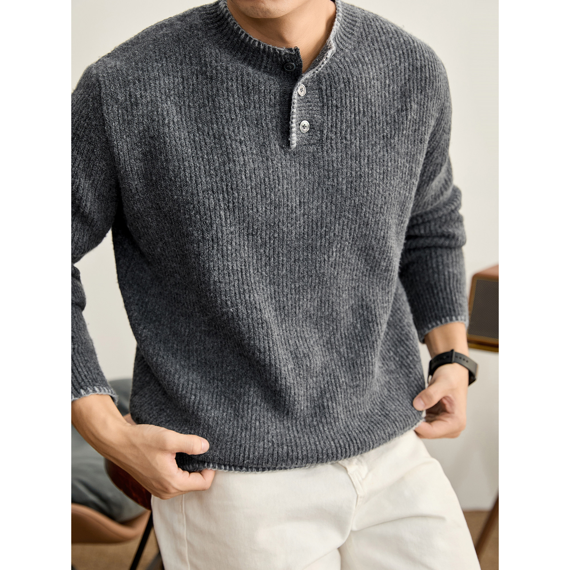 LUUD 竖条纹理羊毛混纺针织衫男冬季异色车线收口设计亨利领毛衣,男装,针织衫/毛衣,淘宝优惠券,粉丝福利购,淘宝优惠卷