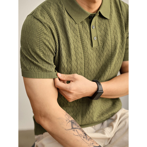 LUUD 复古老钱风翻领POLO衫透气凉感纱镂空提花纹理针织短袖男夏