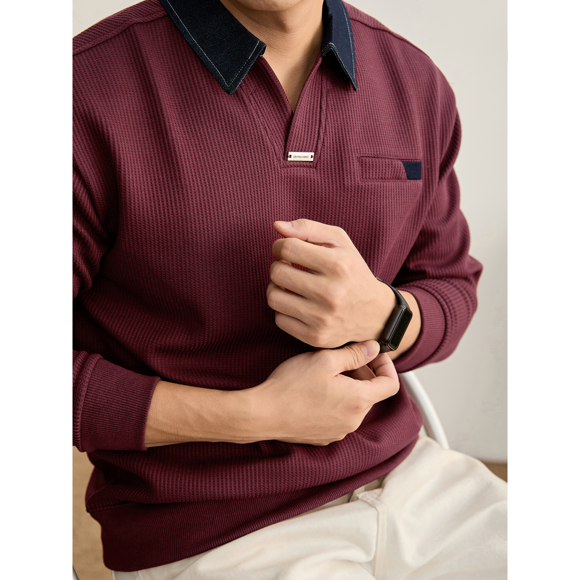 LUUD 秋季男士撞色牛仔拼接翻领POLO衫华夫格肌理红色海鸥领卫衣