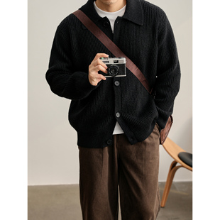 LUUD 韩系极简风竖条纹理感单排扣开衫毛衣秋冬保暖翻领针织外套