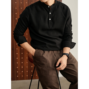 男春季 LUUD 衬衫 极简立领长袖 亚麻混纺半门襟衬衣 雅痞黑色新中式