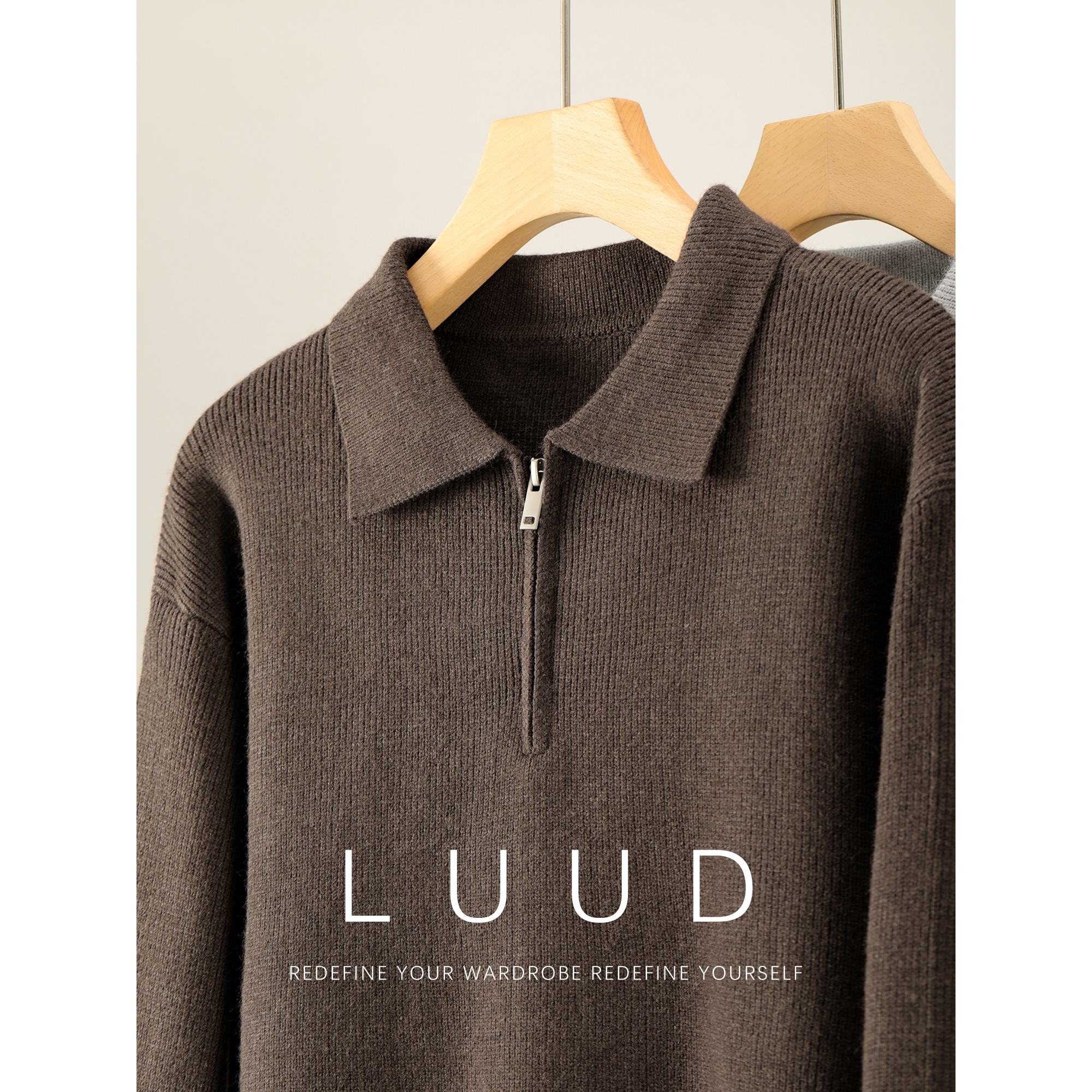 LUUD 重磅810G半拉链POLO领针织衫男士简约轻熟罗纹收口保暖毛衣