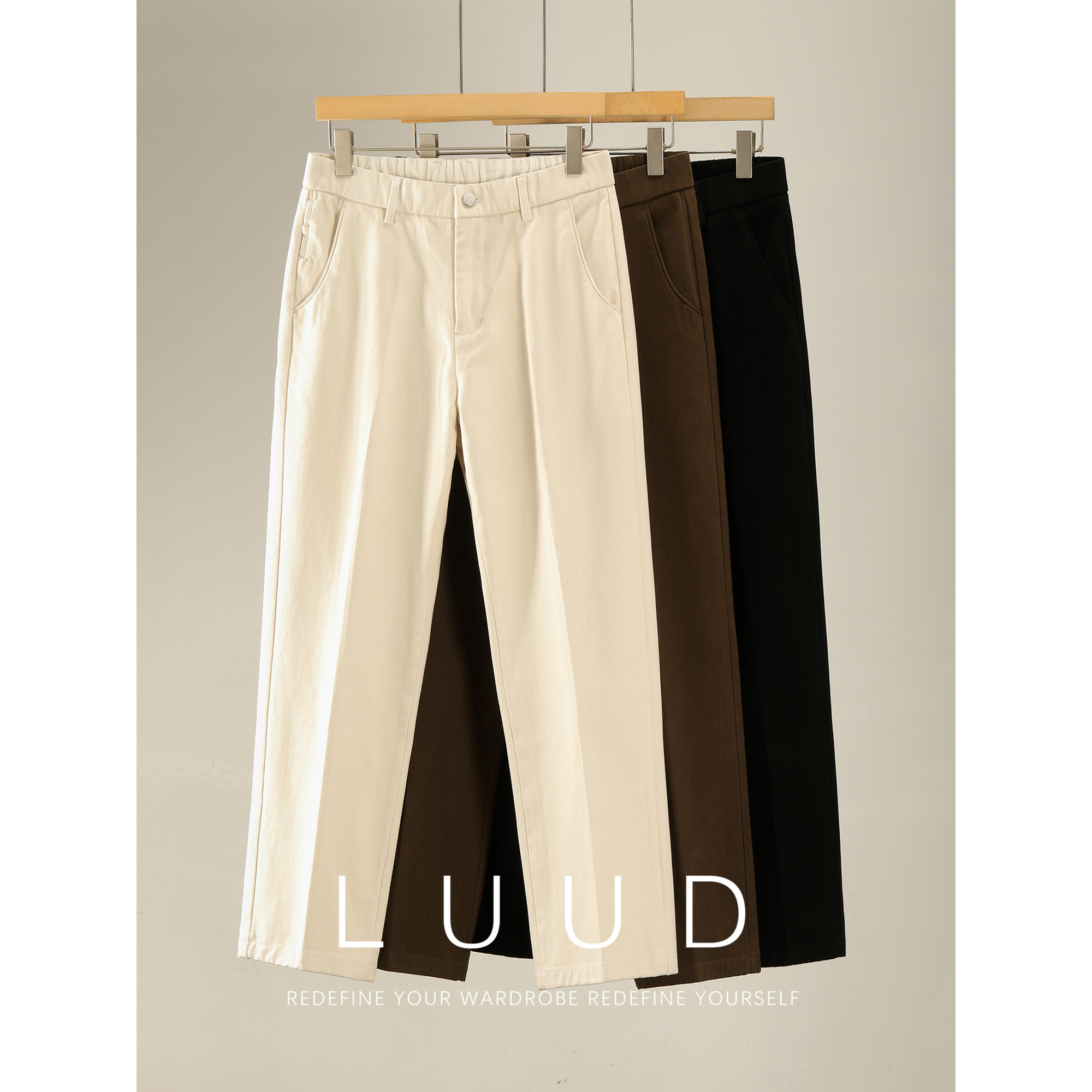 LUUD 日系cityboy纯色半松紧腰休闲裤秋季新款100%纯棉直筒长裤男