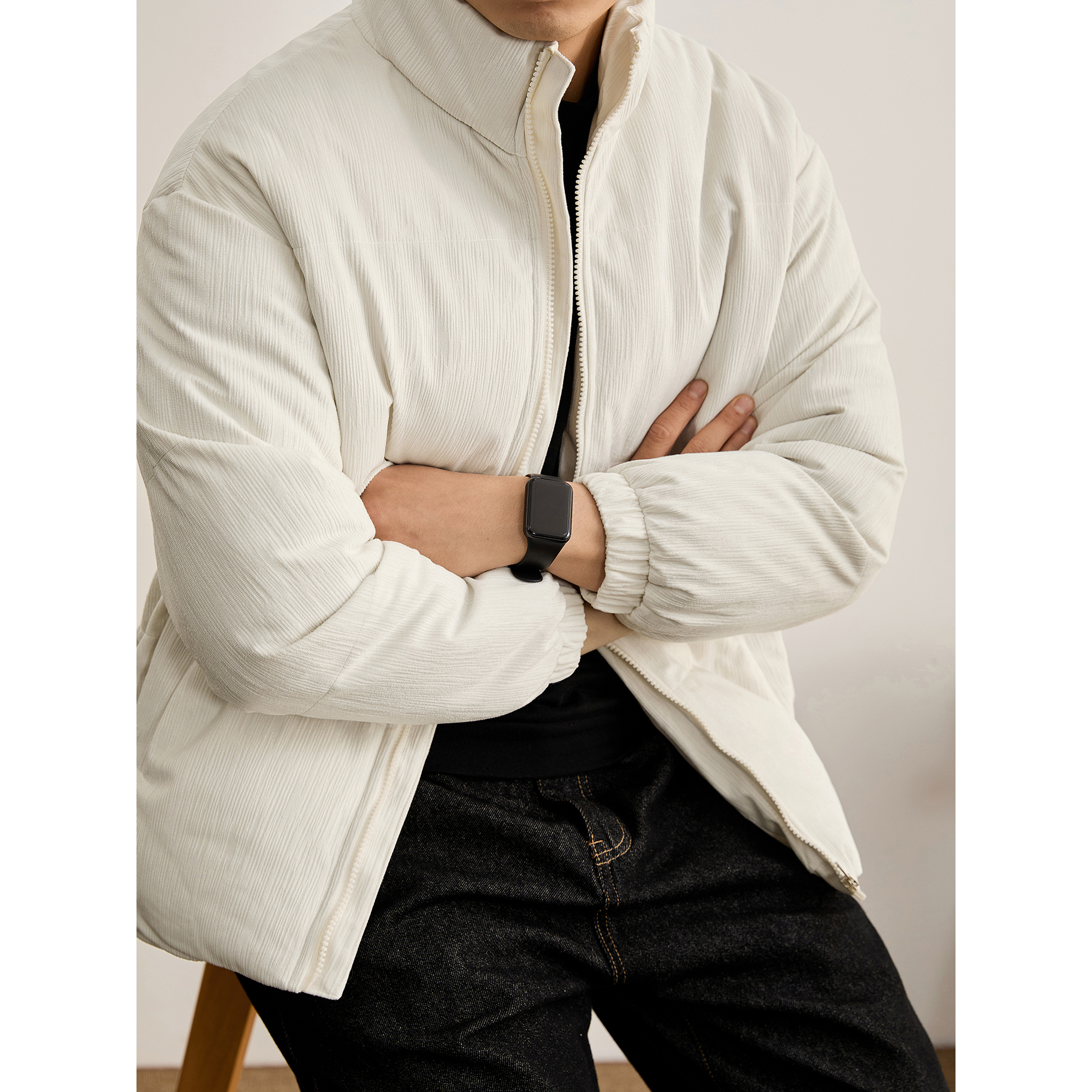 LUUD 奢华气质白色夹棉保暖面包服男女冬季竖条绒面肌理立领棉衣