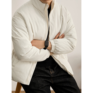 LUUD 竖条绒面肌理立领棉衣 奢华气质白色夹棉保暖面包服男女冬季
