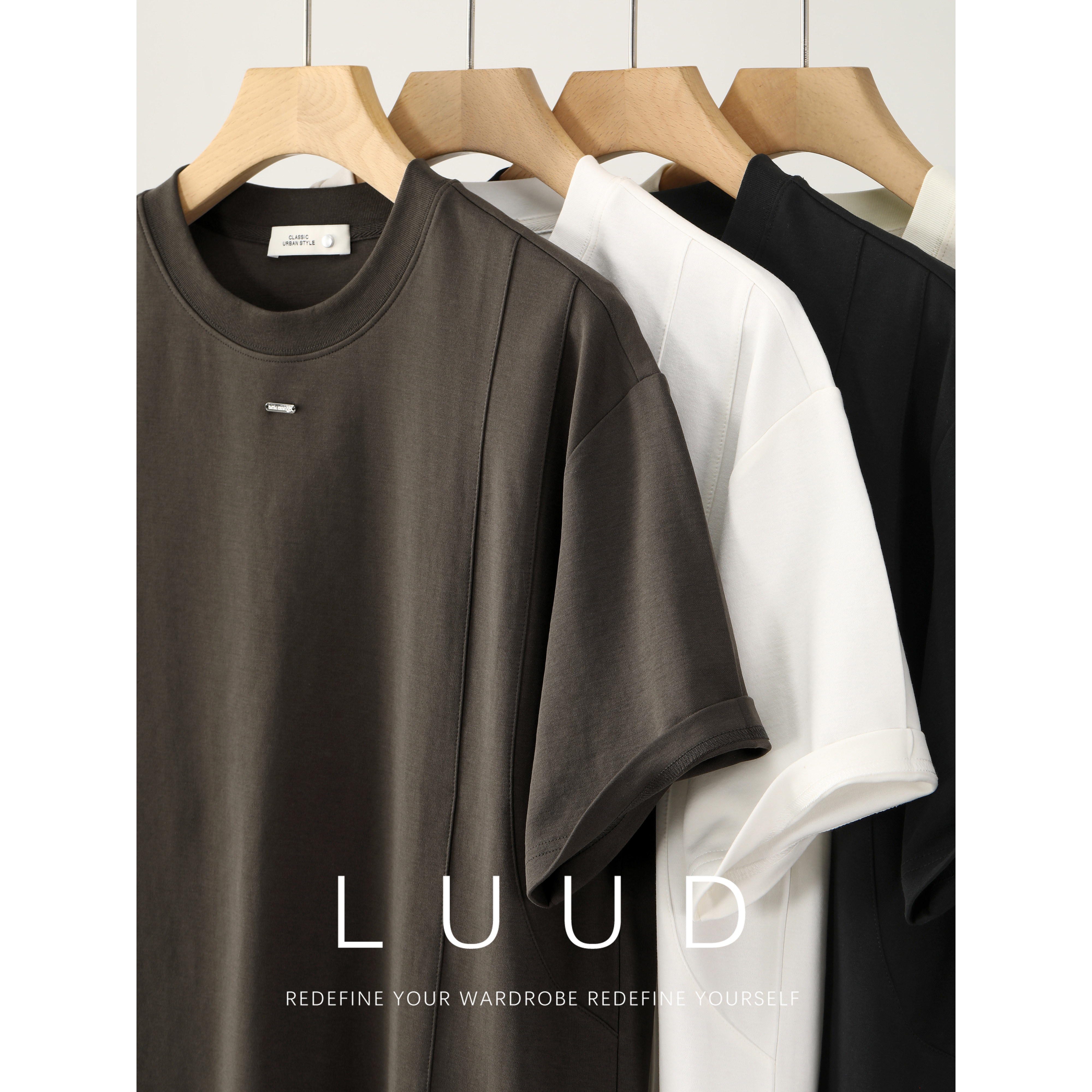 LUUD 时尚简约解构分割车线短袖男夏季迷你金属标净色圆领T恤上衣