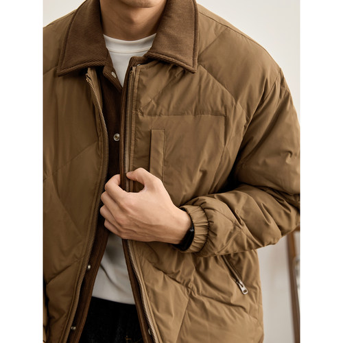 LUUD 日系复古风菱格压纹白鸭绒羽绒服男冬假两件双门襟翻领外套