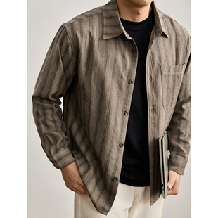 衬衫 铜氨丝衬衣极简条纹翻领长袖 男 早春老钱复古单排扣薄款 LUUD