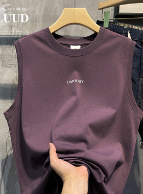 LUUD 潮流梅紫色100纯棉无袖坎肩背心男装运动百搭T恤衫百搭上衣