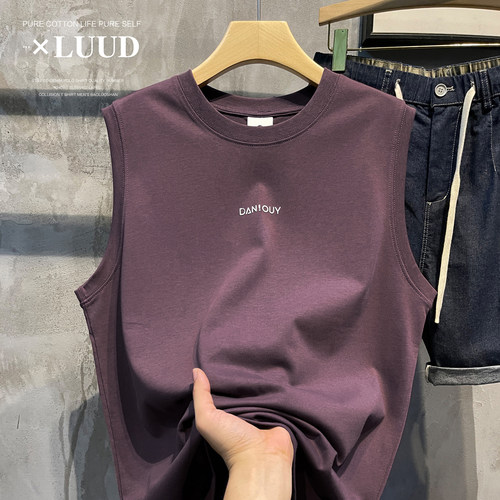 LUUD 潮流梅紫色100纯棉无袖坎肩背心男装运动百搭T恤衫百搭上衣