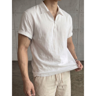 LUUD 松弛老钱风半拉链POLO衫男天丝莱赛尔亚麻混纺开叉短袖衬衫