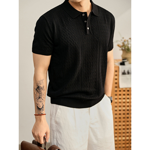 简约轻熟风翻领短袖 男士 黑色透气凉感纱镂空提花针织POLO衫 LUUD