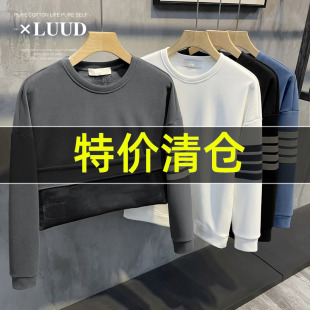 圆领卫衣欧洲潮牌三条杠印花长袖 加绒加厚保暖男士 上衣 冬款 特价