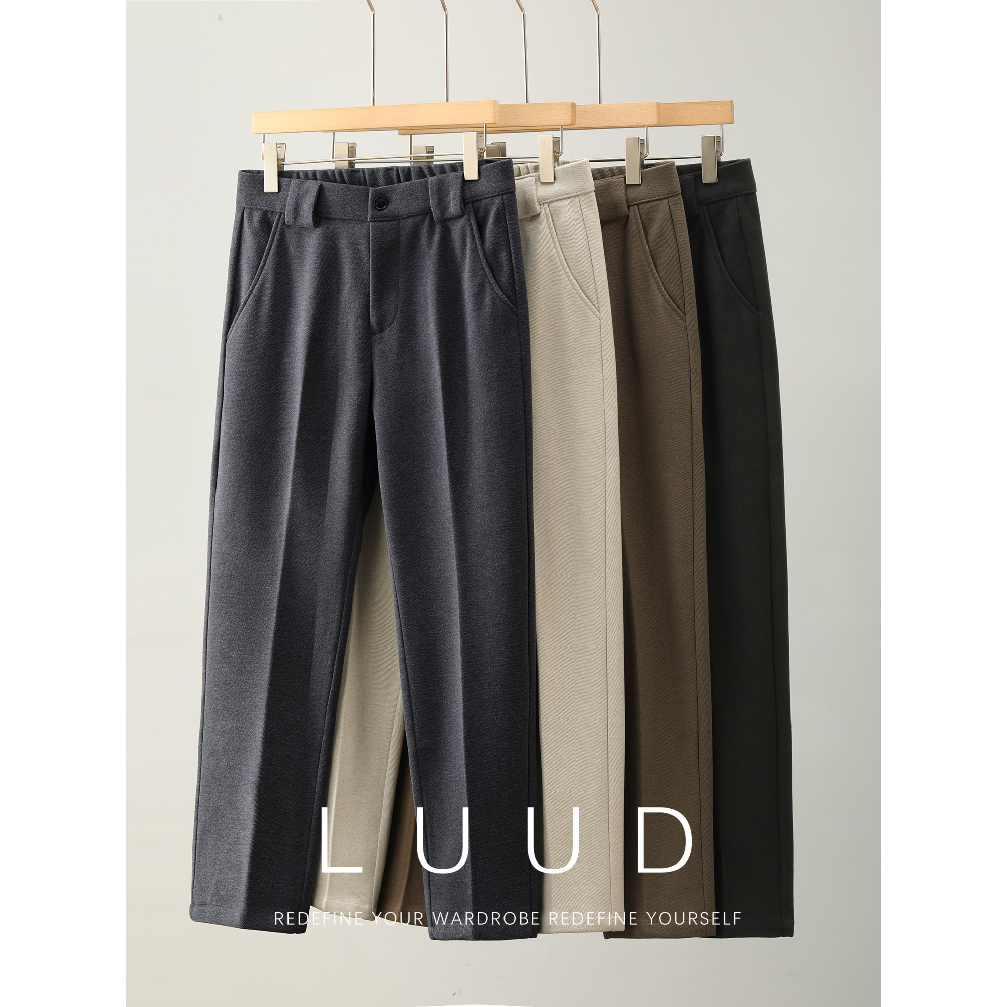 LUUD 通勤极简风纯色立体裁剪毛呢西裤男秋冬季内里磨毛直筒长裤