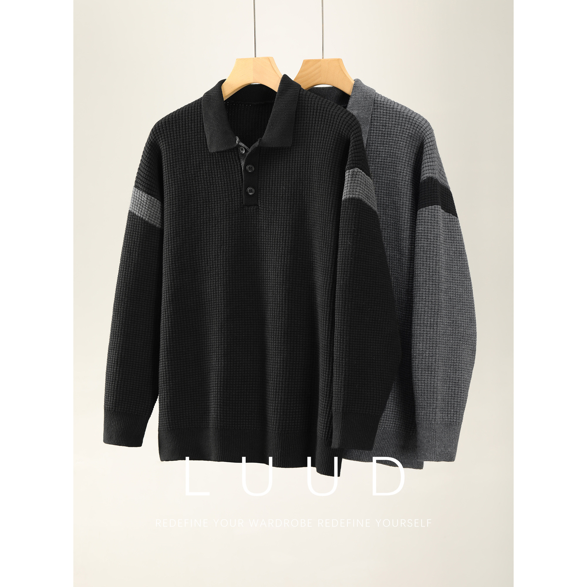 LUUD 潮流休闲撞色翻领针织毛衣重磅750g华夫格肌理长袖POLO衫男,男装,针织衫/毛衣,淘宝优惠券,粉丝福利购,淘宝优惠卷