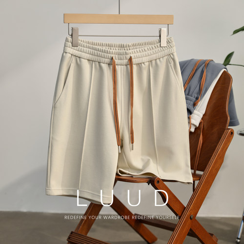 LUUD 立体褶线松紧腰抽绳短裤男夏季重磅直筒五分裤运动休闲裤子