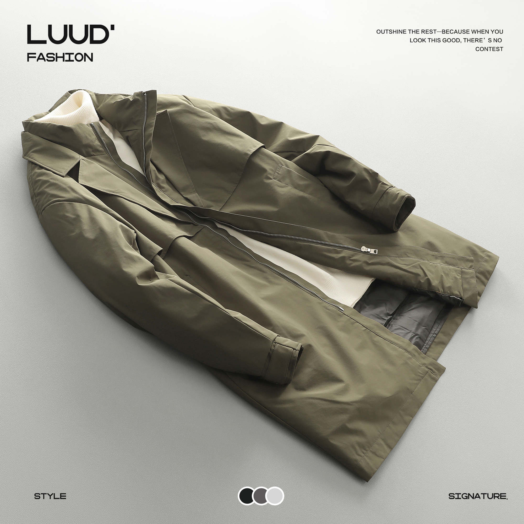 LUUD 高级感时尚外套男士冬季中长款美式工装假两件派克风羽绒服