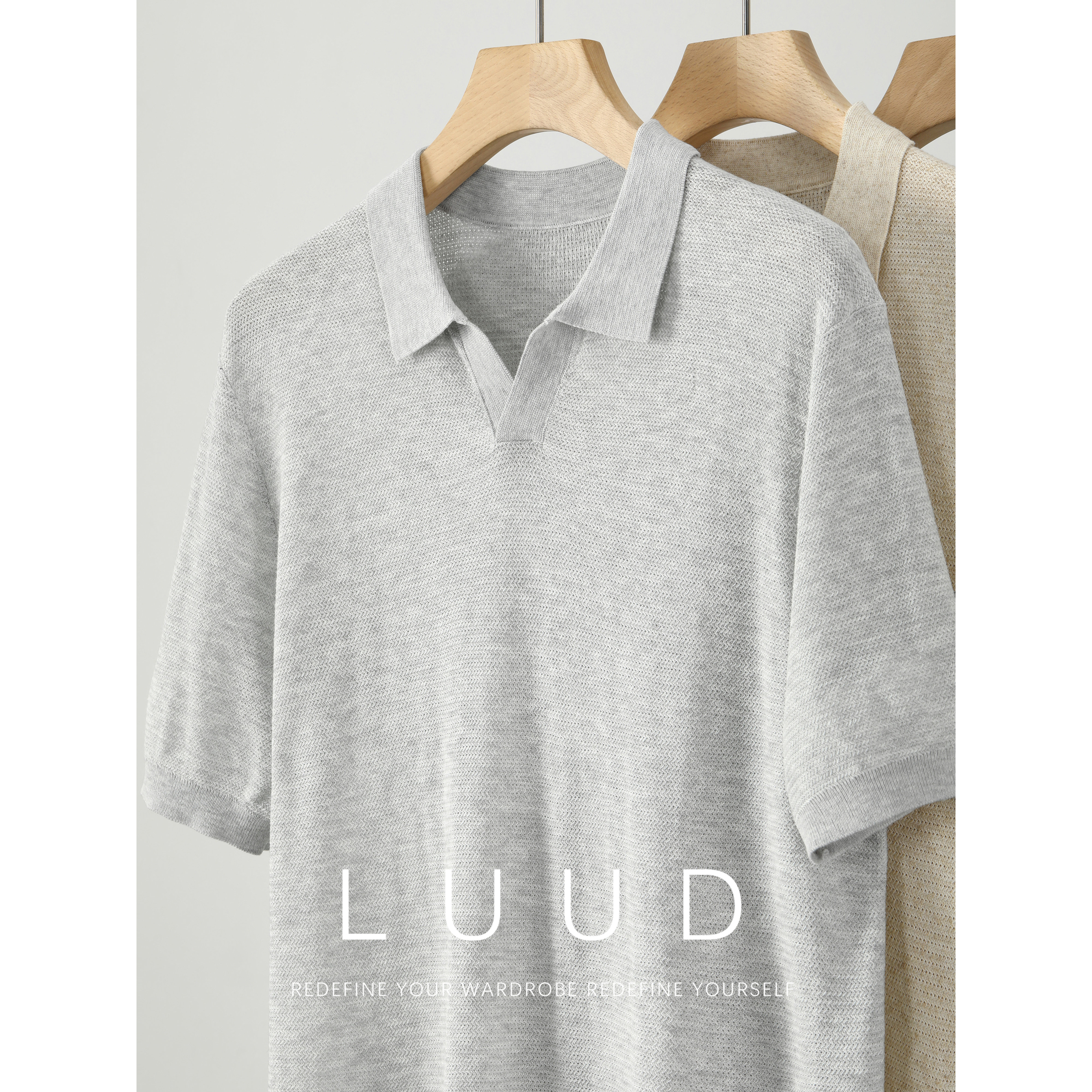 LUUD 夏季透气针织镂空翻领POLO衫混色交织纱线肌理短袖T恤男士图片