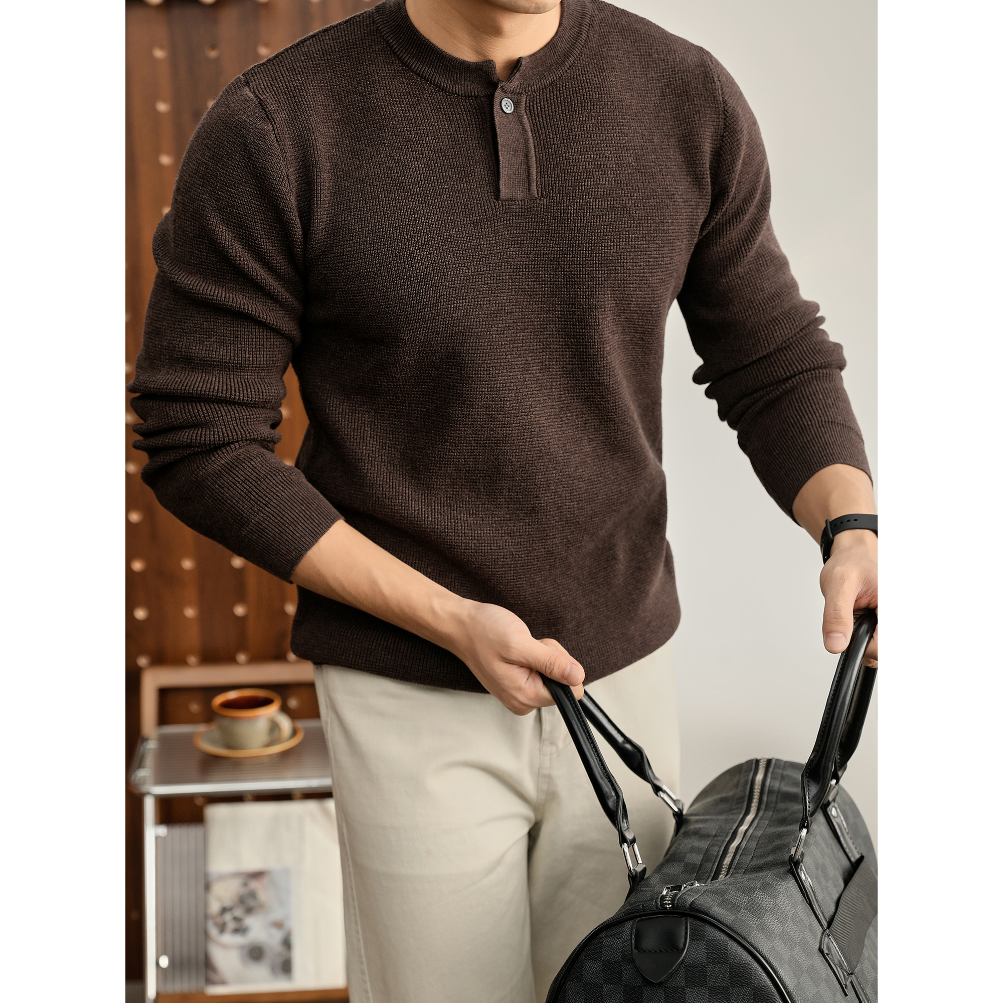 LUUD 羊毛混纺亨利领针织衫男士美式复古华夫格肌理修身长袖毛衣