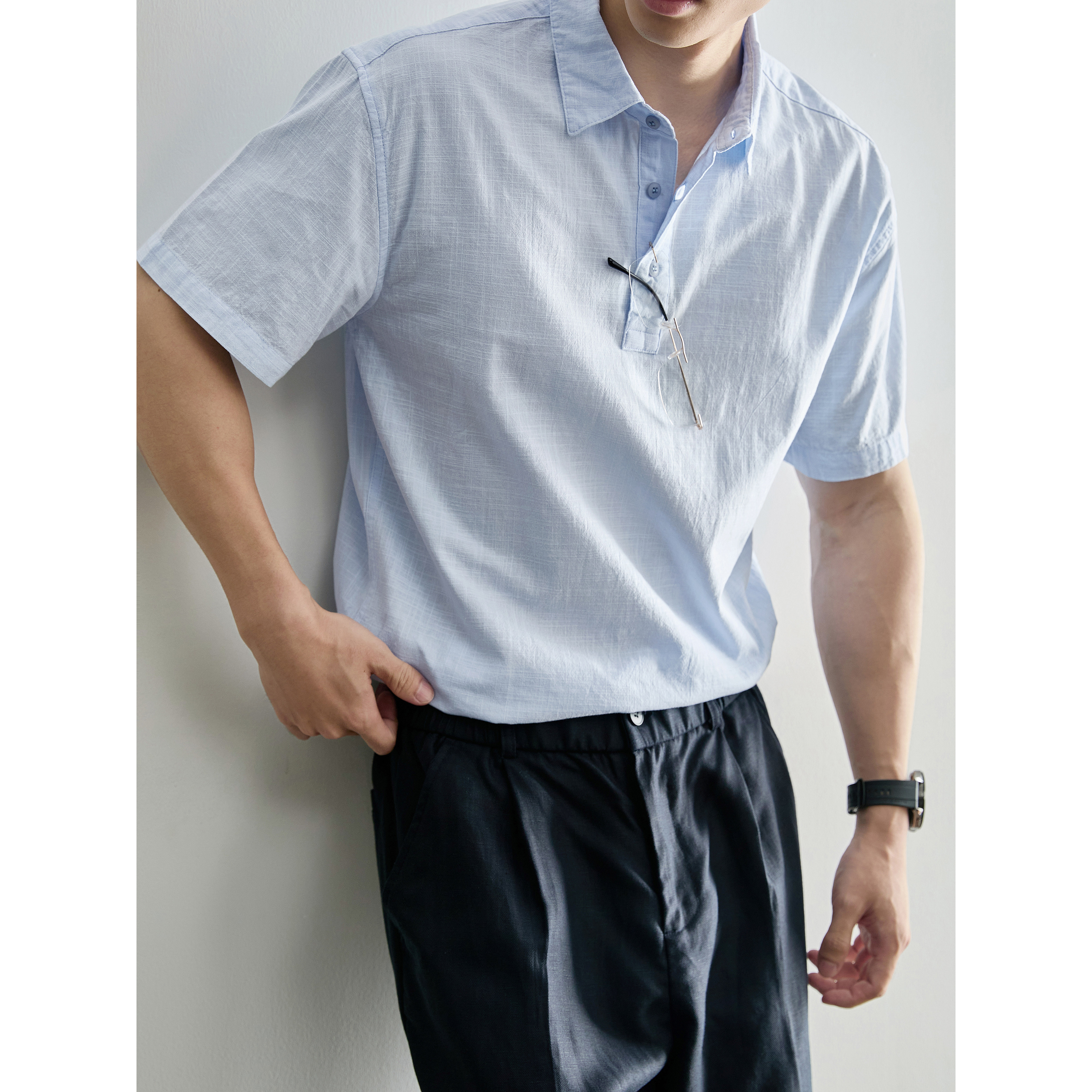 LUUD 日系复古通勤风100%纯棉翻领POLO衫男夏爽仿麻肌理短袖衬衣