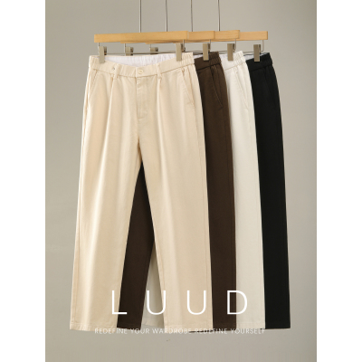 LUUD 100%纯棉复古斜纹休闲裤男半松紧腰立体裁剪洗水直筒长裤子