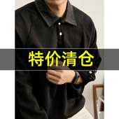 POLO衫 特价 牛仔布拼料翻领卫衣男秋冬潮奢撞色落肩350g重磅长袖