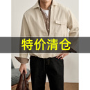 男款 特价 100%纯棉假两件磨毛衬衣复古潮牌千鸟格拼接半开襟衬衫