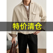 男款 特价 100%纯棉假两件磨毛衬衣复古潮牌千鸟格拼接半开襟衬衫