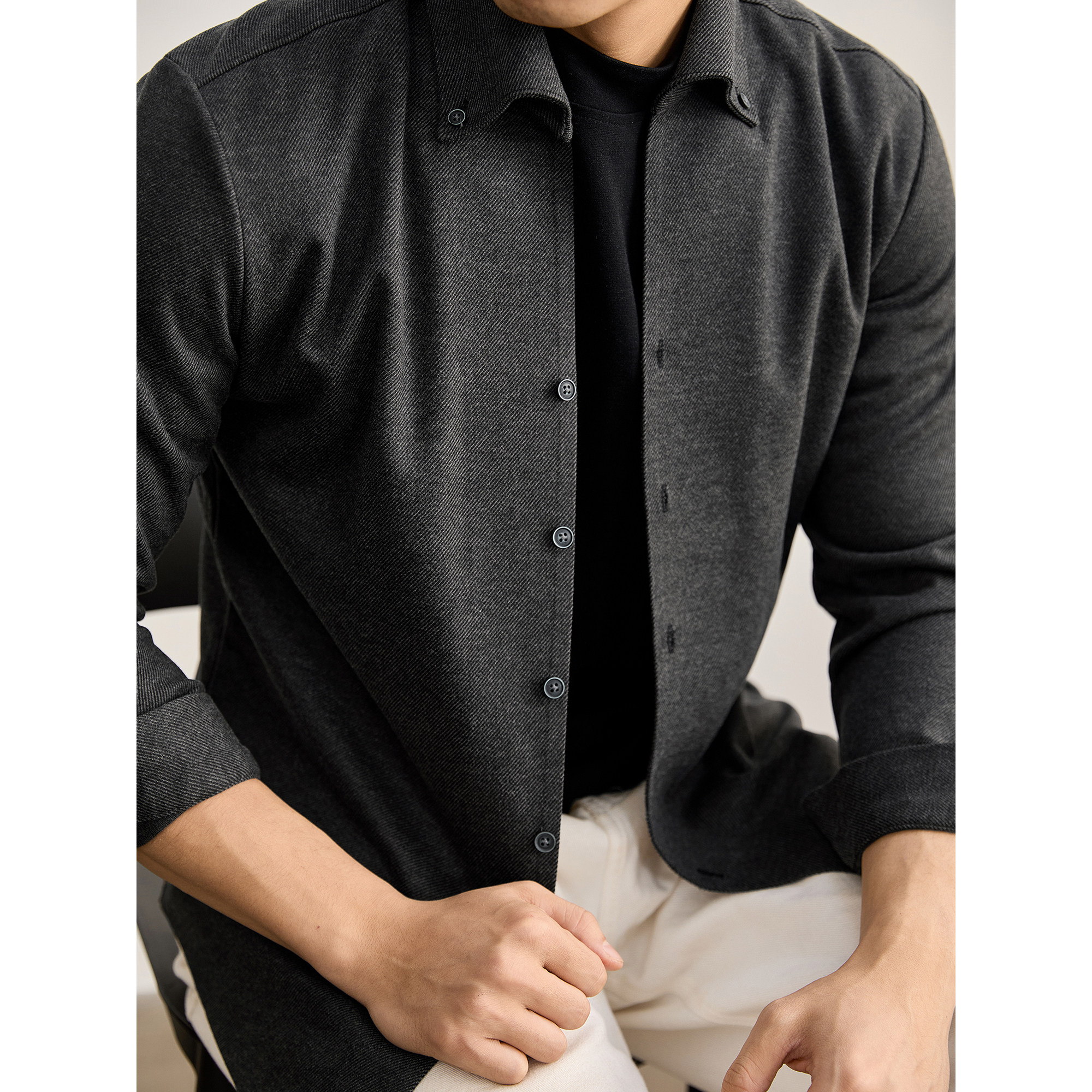 LUUD 高密度斜纹肌理毛呢衬衣外套简约百搭领扣翻领无痕衬衫男款
