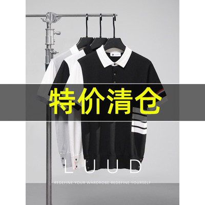 特价 奢感轻熟风红白蓝四道杠翻领Polo衫男夏季撞色薄款针织短袖
