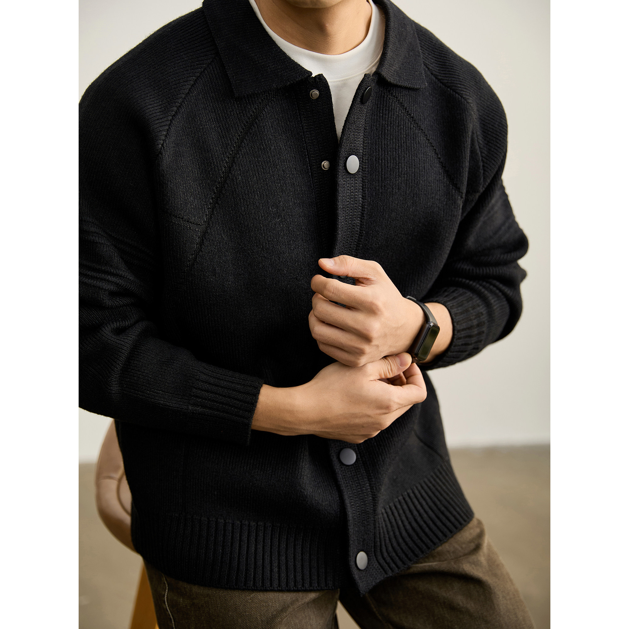 LUUD 极简休闲翻领针织开衫男士重磅930克插肩袖分割纹理毛衣外套