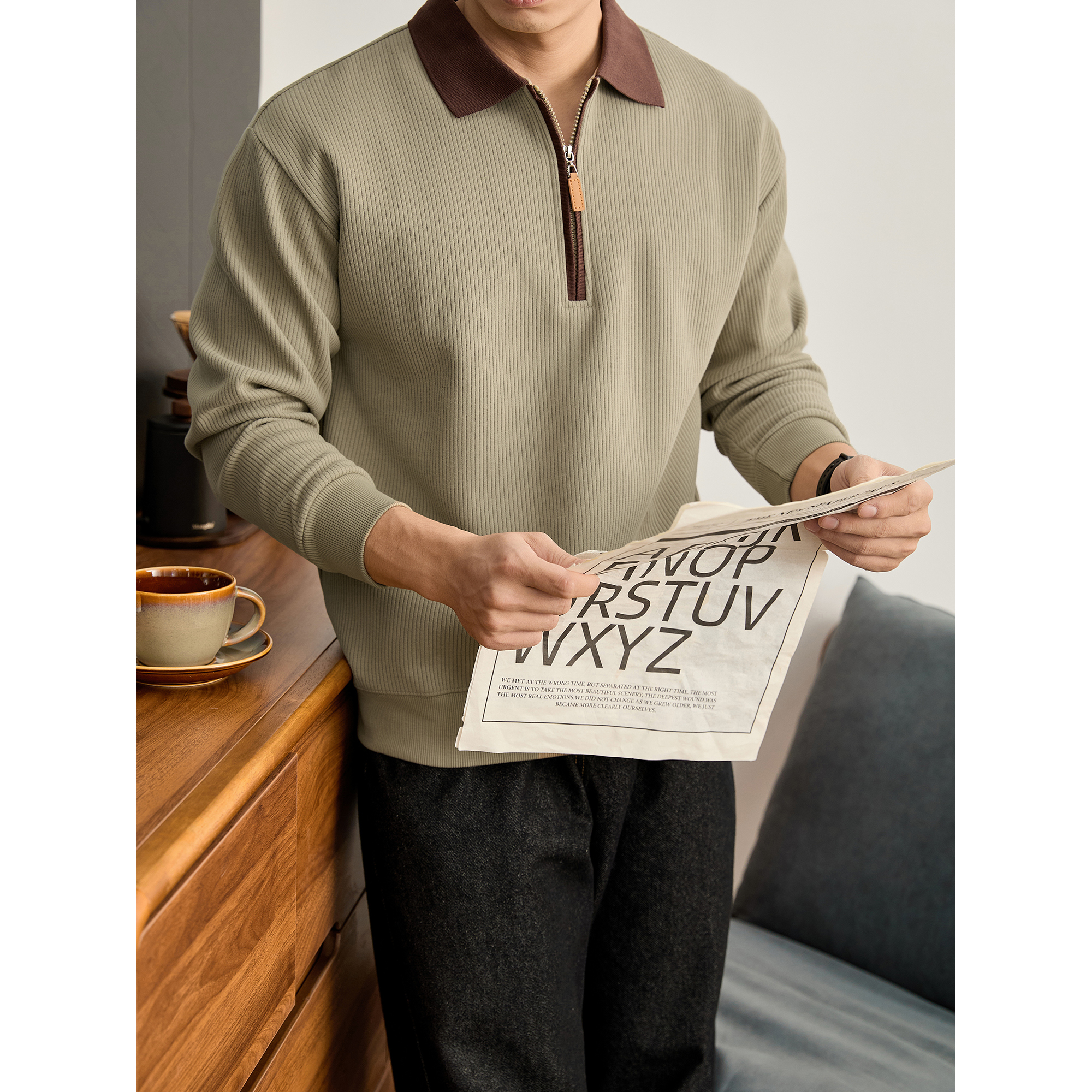 LUUD 高智感撞色翻领半拉链针织POLO衫男秋冬竖纹肌理老钱风上衣